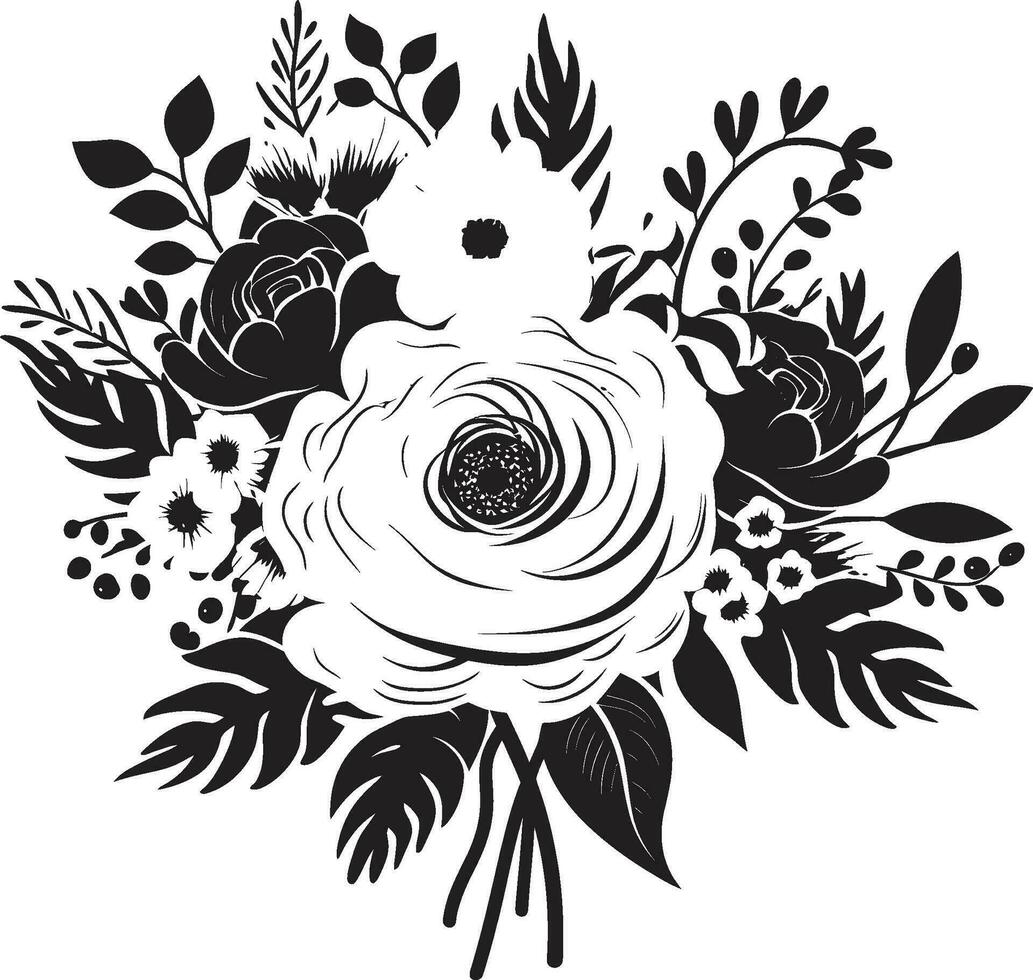 Botanic Bouquet Fusion Black Floral Design Ethereal Blossom Ensemble Decorative Black Icon vector