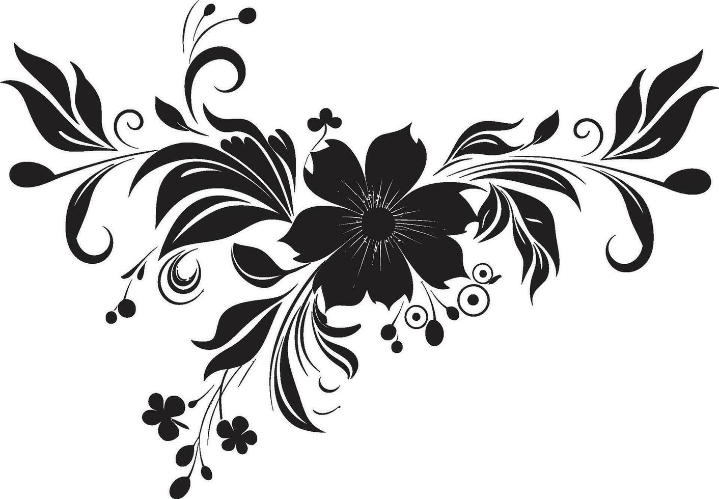 Intricate Noir Blossoms Hand Rendered Vector Icon Whimsical Botanical Sketch Black Iconic Design