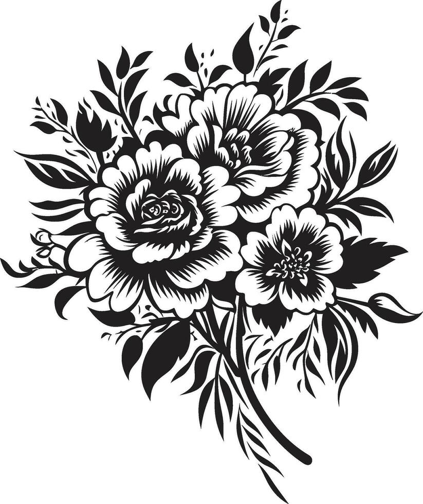 Elegant Bloom Ensemble Black Floral Logo Chic Botanical Arrangement Decorative Black Icon vector