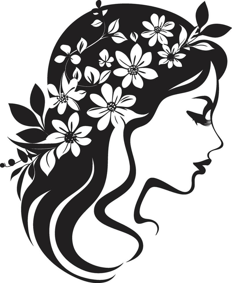 Modern Flower Portrait Black Woman Emblem Artistic Blossom Essence Elegant Vector Face