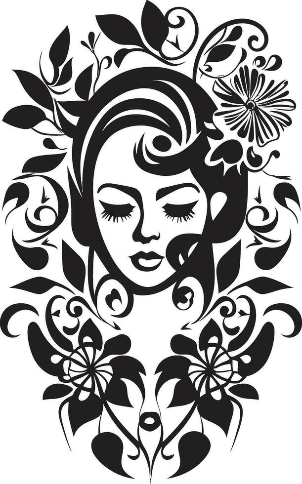 Clean Floral Beauty Black Hand Drawn Icon Whimsical Feminine Petals Elegant Black Emblem vector