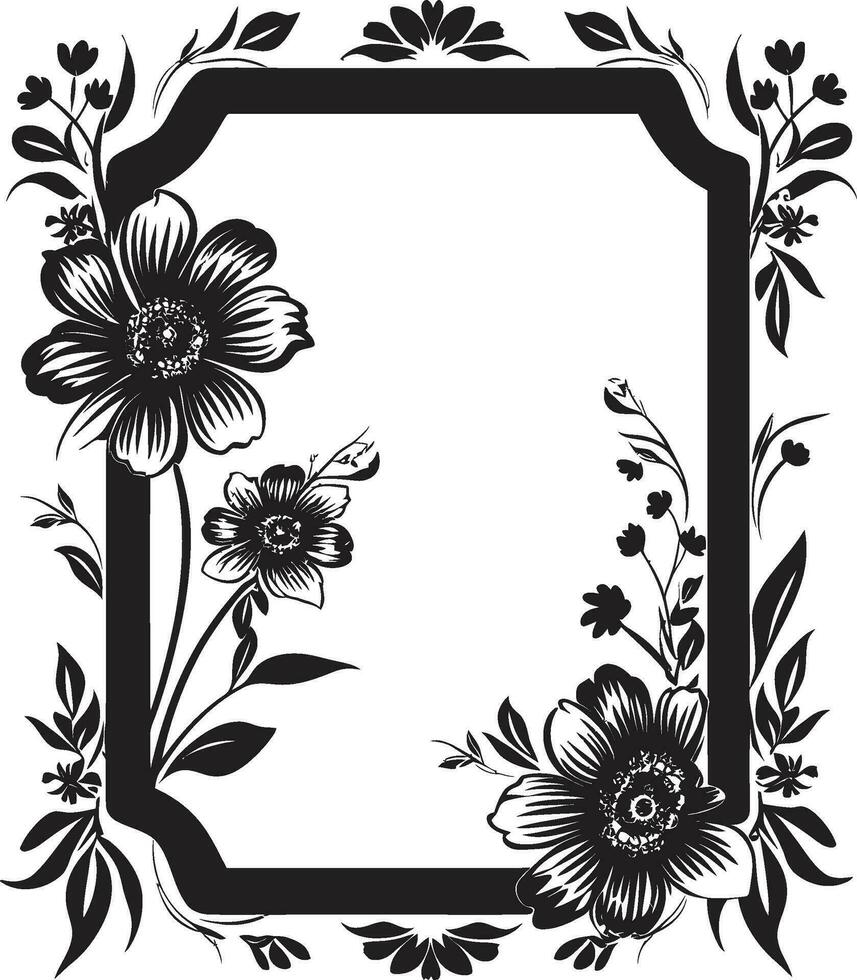 Sculpted Bloom Boundary Black Floral Emblem Gothic Floral Encircle Decorative Black Icon vector