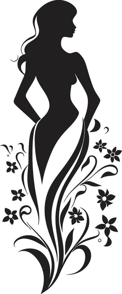 moderno de flores persona negro mujer emblema en lleno floración artístico floral atuendo elegante vector mujer florecer icono