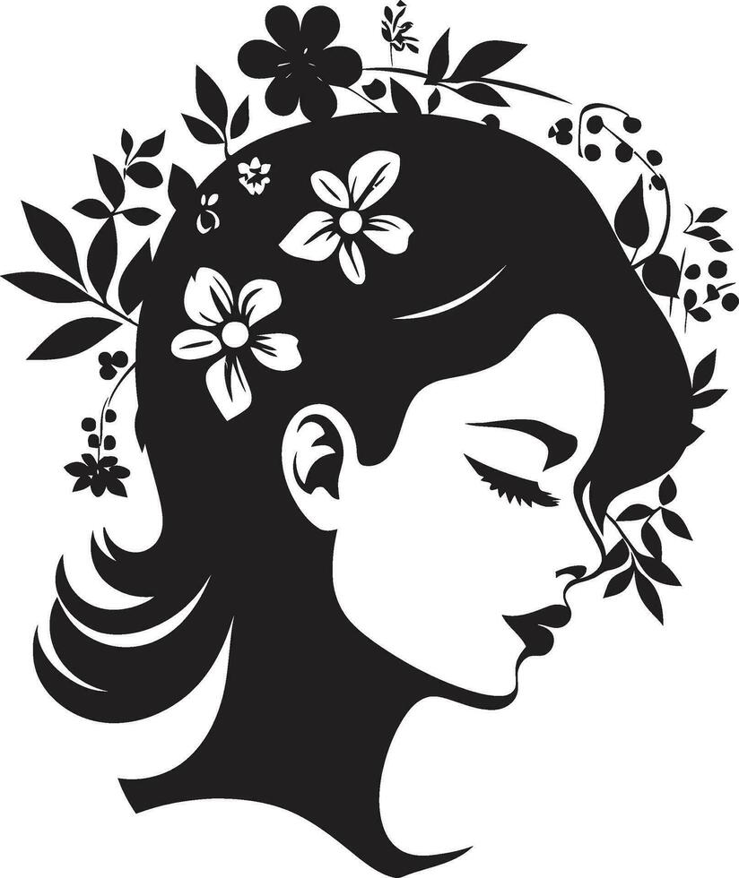 Graceful Bloom Portrait Artistic Woman Logo Icon Chic Floral Femininity Black Vector Face Design