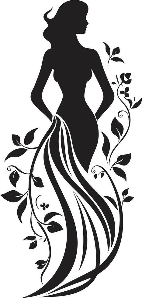Elegant Botanical Ensemble Vector Woman in Full Floral Bloom Graceful Full Body Florals Black Emblem Design with Woman