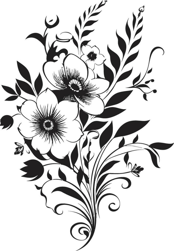 Mystical Floral Fusion Hand Rendered Black Vector Icon Chic Noir Blossoms Handcrafted Vector Logo Design