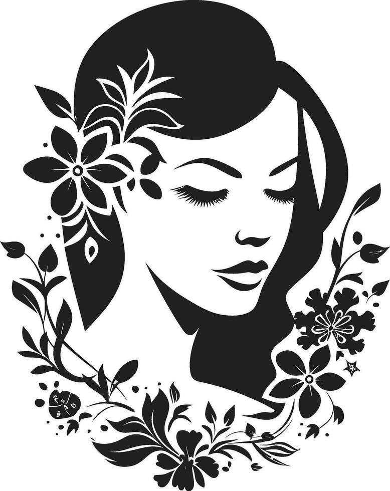 Clean Floral Beauty Black Hand Drawn Icon Whimsical Feminine Radiance Vector Face