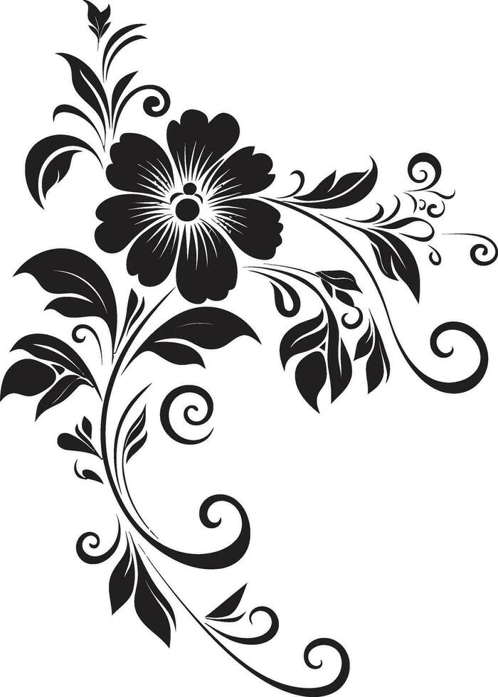 Noir Botanical Charm Black Handcrafted Design Sleek Floral Elegance Hand Rendered Iconic Emblem vector