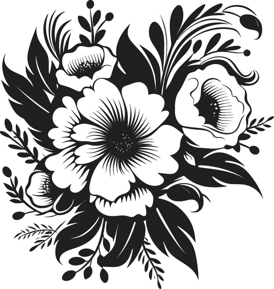 elegante pétalo fusión decorativo negro logo intrincado floral popurrí negro ramo de flores emblema vector