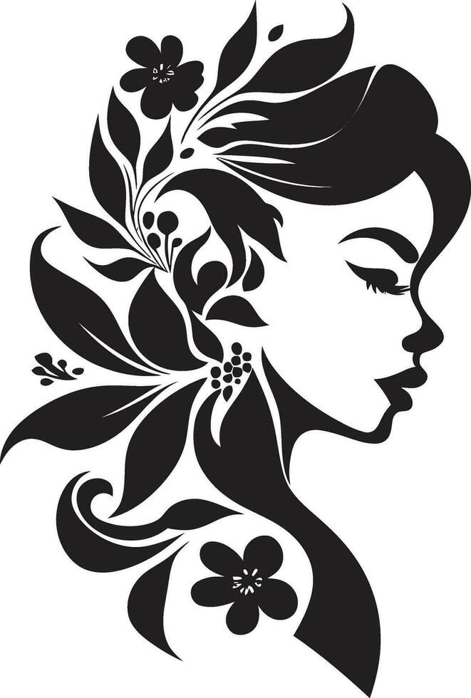 Abstract Flora Fusion Black Artistic Face Emblem Elegant Botanical Glamour Vector Woman Icon