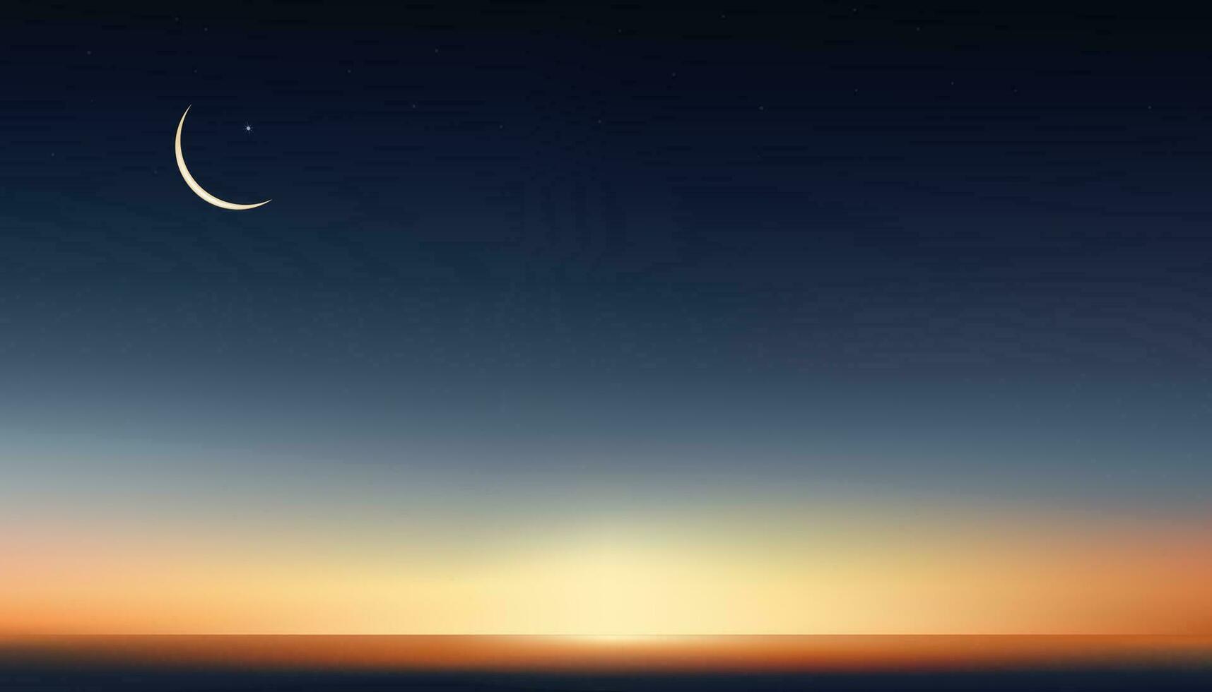 Background with Crescent moon,Star with twilight dusk Sky over Sea Beach,Vector symbolic of Muslim culture ,Eid Mubarak,Eid al adha,Eid al fitr,Islamic new year, Muharram vector