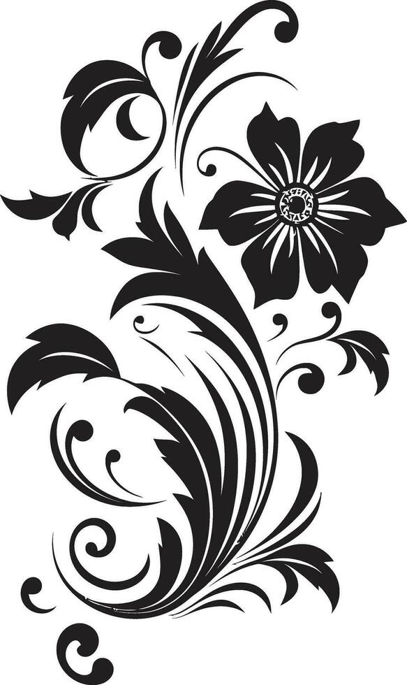 Noir Floral Sketch Hand Drawn Icon Artisanal Petal Scrolls Black Vector