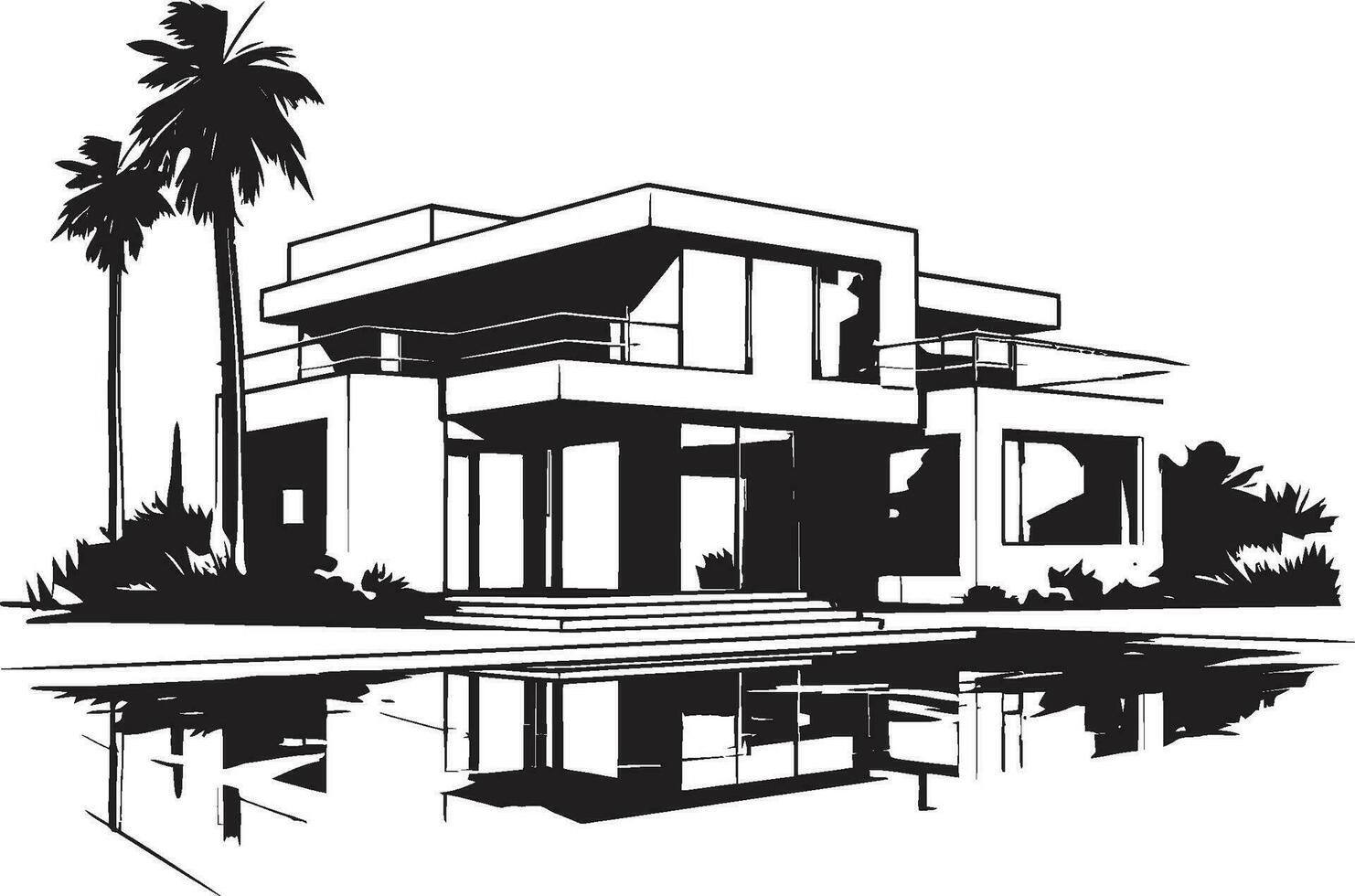 Modernist Villa Blueprint Emblematic Structure in Vector Icon Villa Structure Framework Architectural Design in Vector Logo