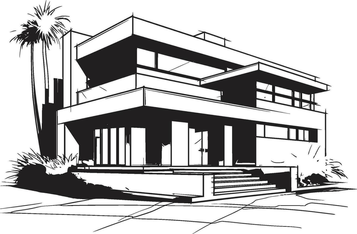 Stylish City Villa Sketch Iconic Outline Vector Design Sleek Cityscape Abode Villa Icon in Bold Black Outline