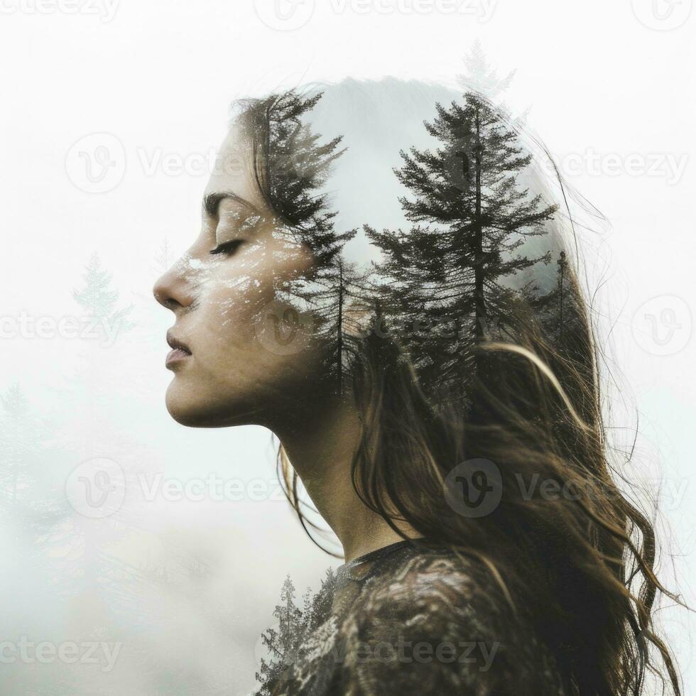 AI Generated Capturing a mesmerizing blend of modern artistry, this double exposure portrait features a woman against a dreamy, foggy forest backdrop. photo