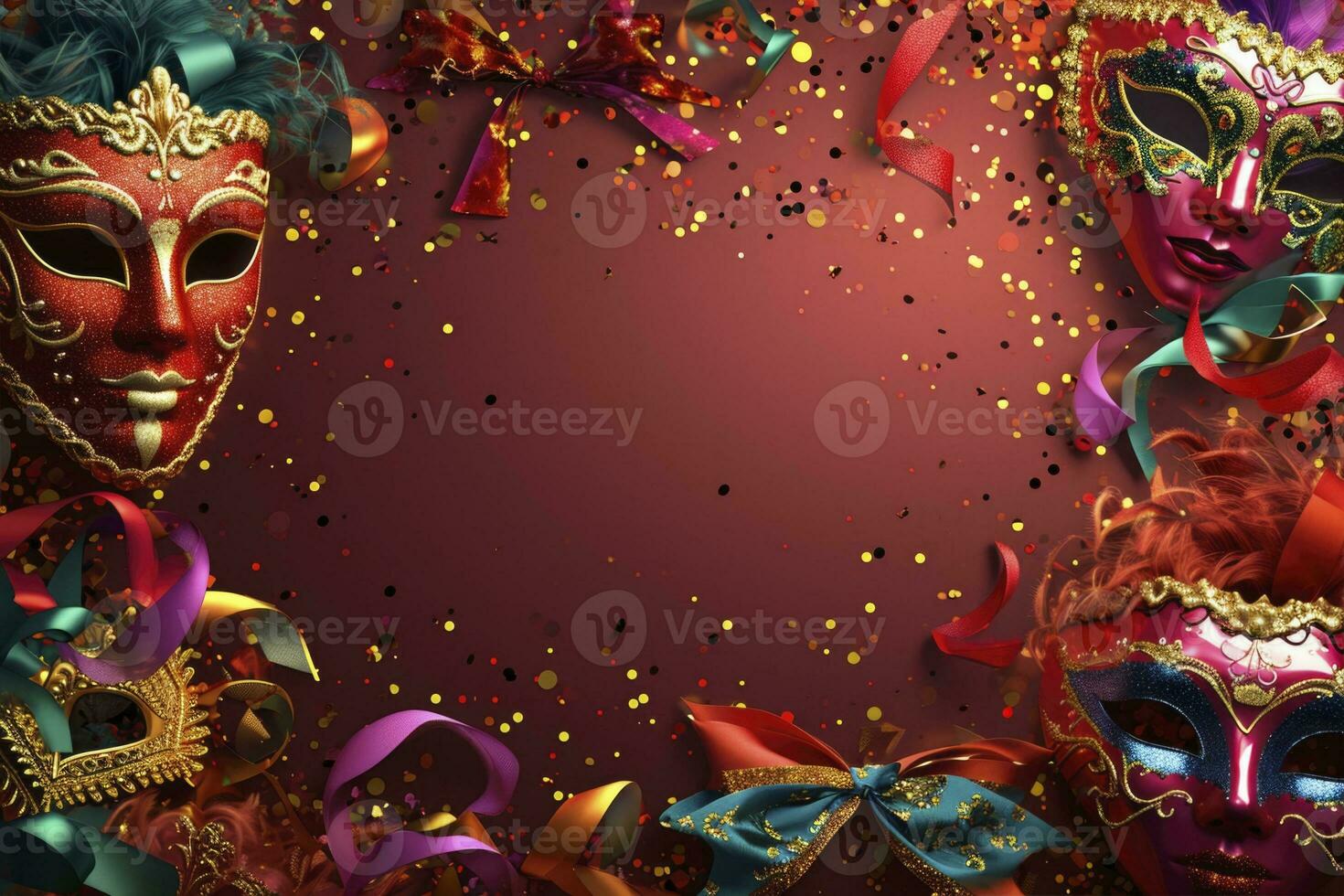 AI Generated .Vibrant masquerade masks, confetti, serpentine, and bows create a festive background framing the image. photo