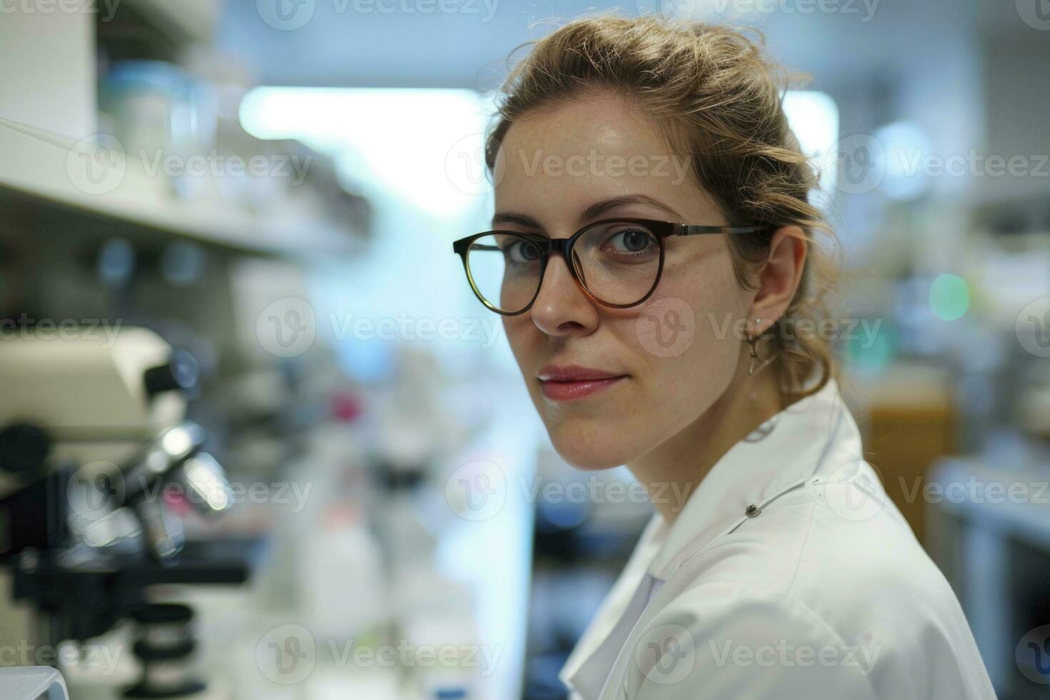 ai generado un experto mujer científico investigador, adornado en un blanco laboratorio abrigo, apasionadamente conduce experimentos en un innovador laboratorio. foto