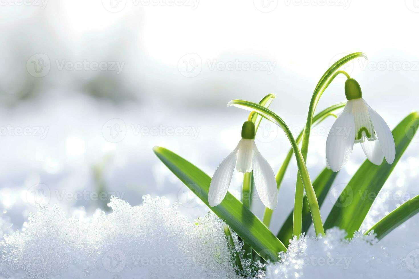 AI Generated Delicate spring background with melting snow and blooming snowdrop with copy space photo