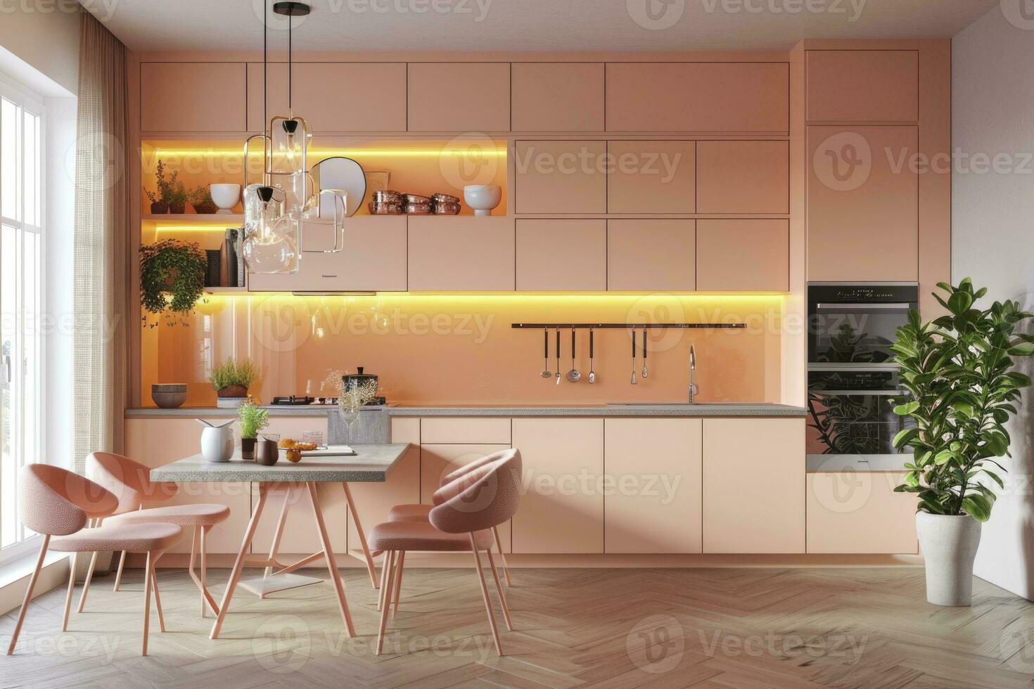 AI Generated Step into brilliance with this contemporary kitchen, awash in peach fuzz colors that infuse warmth. photo