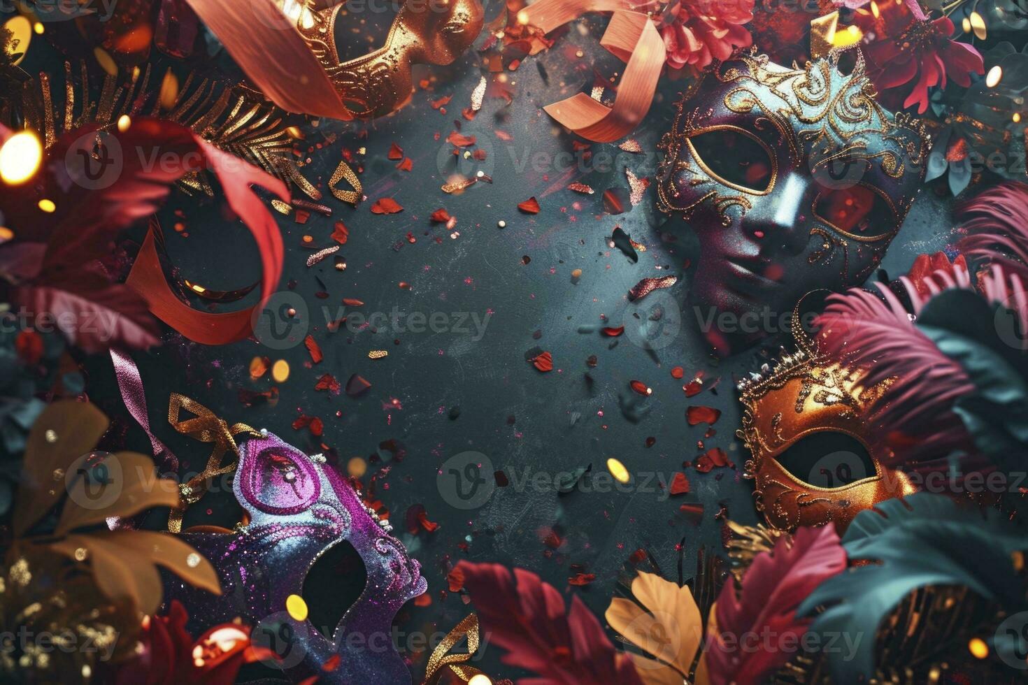 AI Generated .Vibrant masquerade masks, confetti, serpentine, and bows create a festive background framing the image. photo