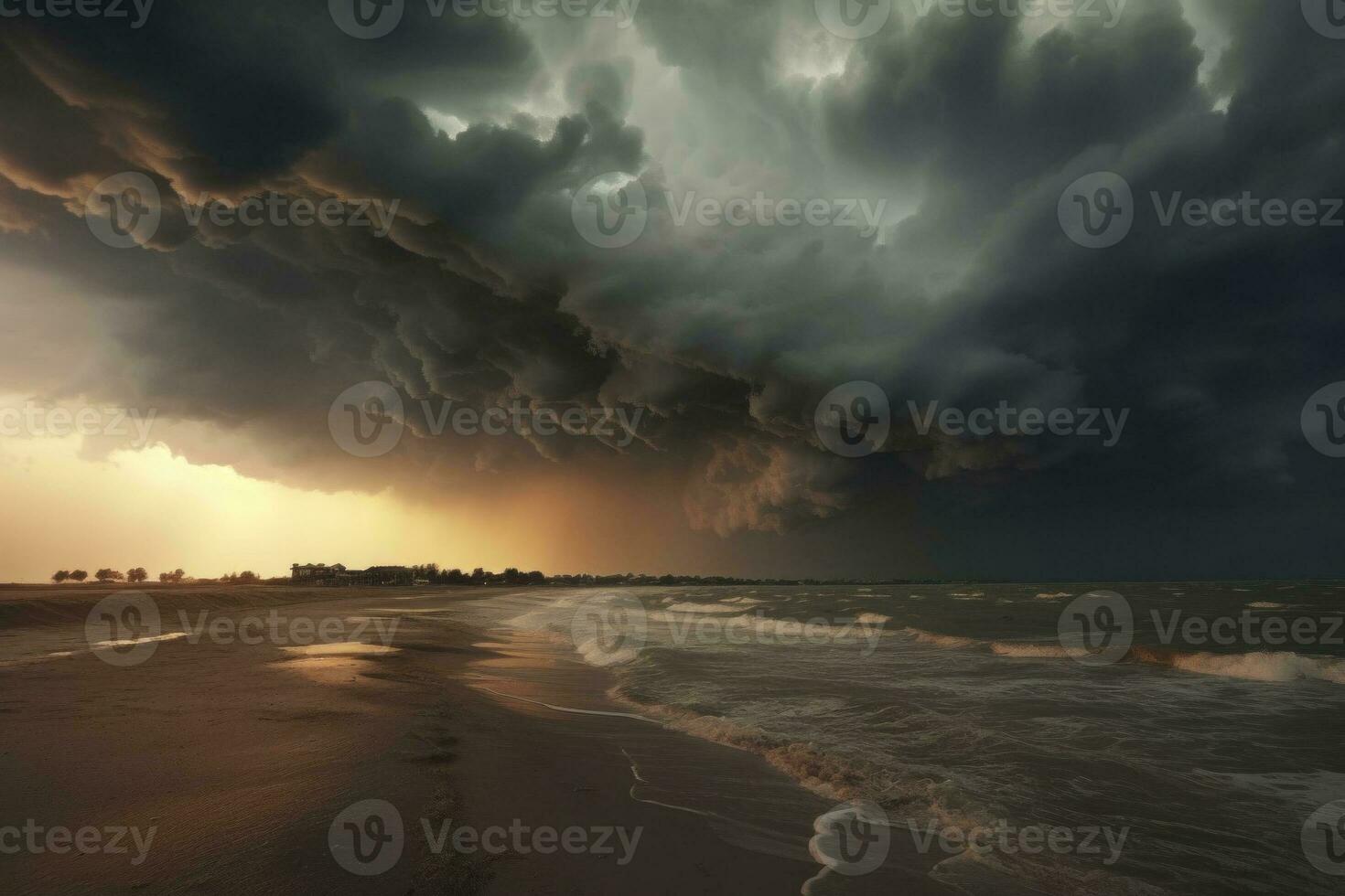 AI Generated thunderstorm and storm along coast, photo showcases intense power of nature with dramatic weather