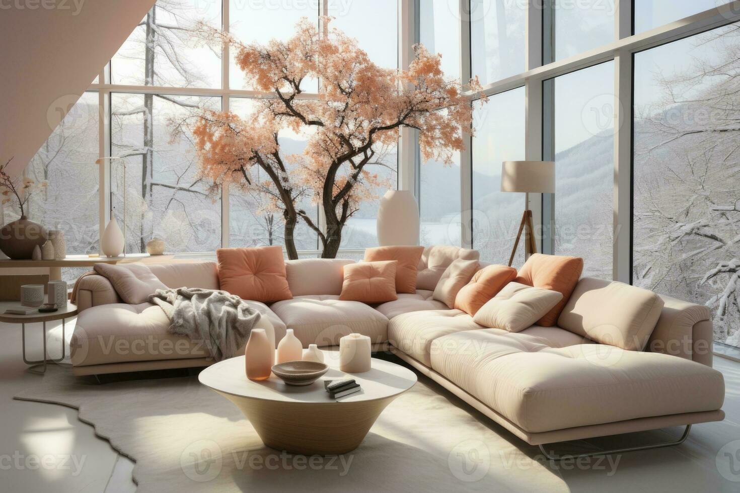 AI Generated In this stylish living room, the trendy peach color scheme adds a touch of warmth and fuzz photo