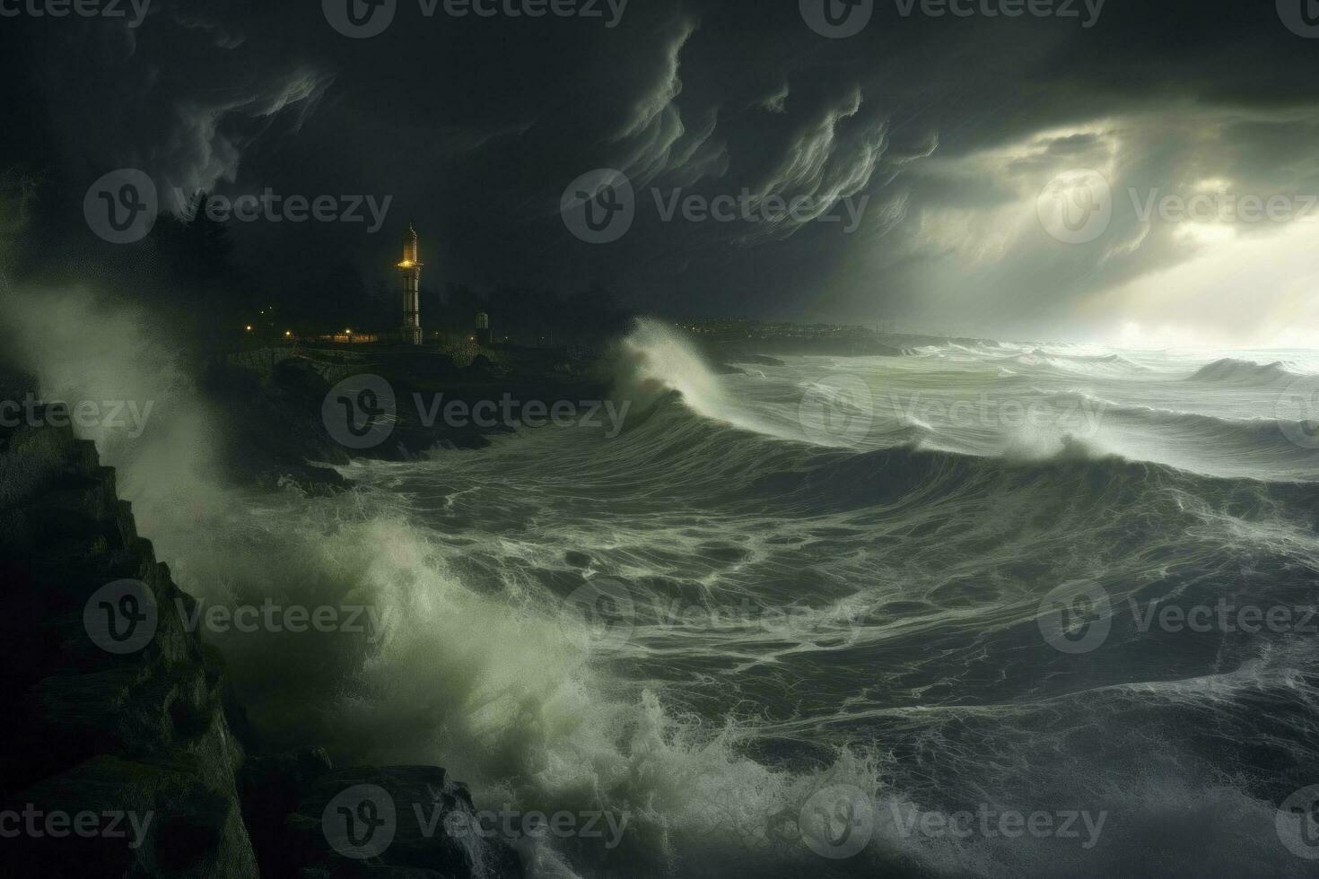 ai generado capturar el drama de un tormenta y tormenta a lo largo el costa foto