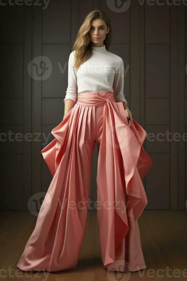 ai generado un elegante mujer con confianza rocas largo color melocotón pantalones foto