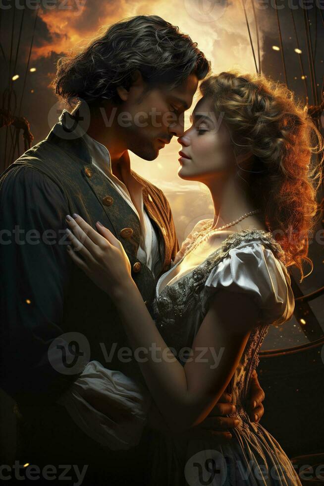 AI Generated cover of historical romance novel, a deeply in love couple shares a tender hug, portraying a timeless tale of passion photo