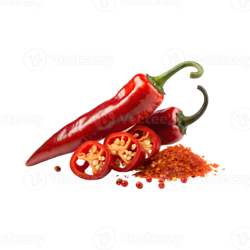 AI generated Red Chilies Pepper With A Green Stem With Sliced Red Chilies, Isolated Background png