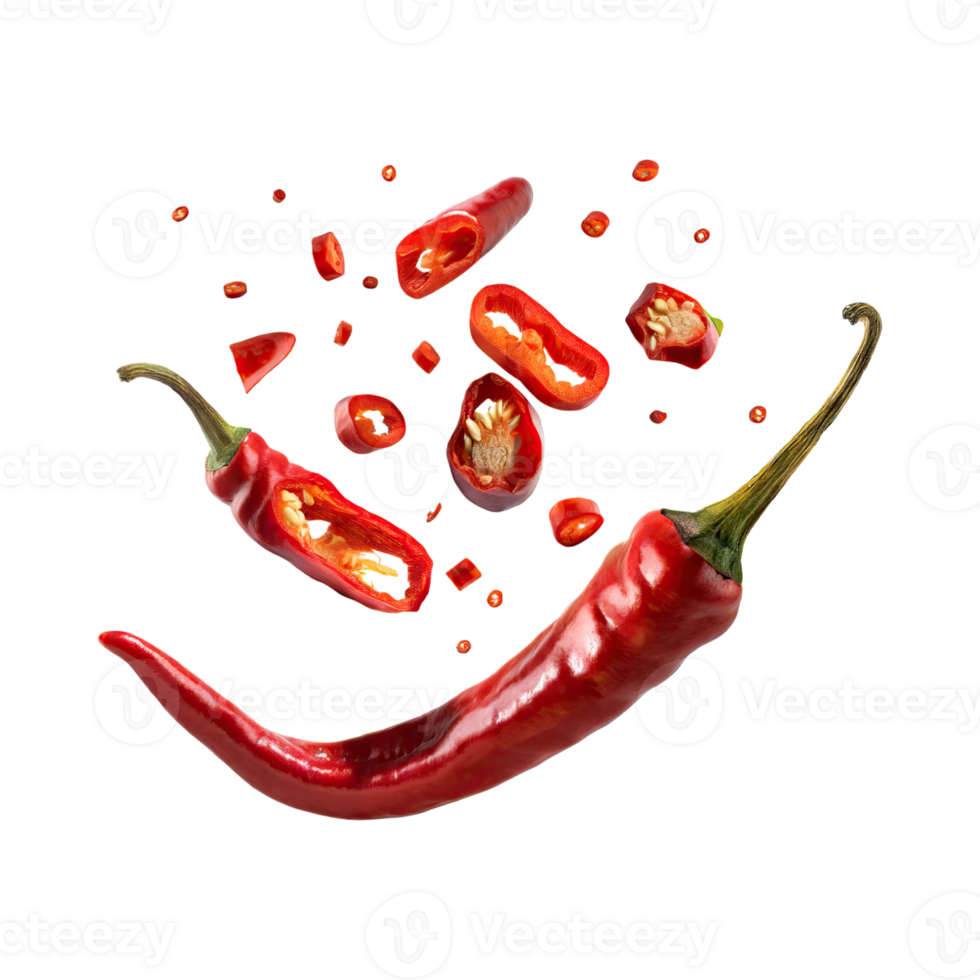 AI generated Floating Fresh Red Chilies With Sliced Red Chilies png