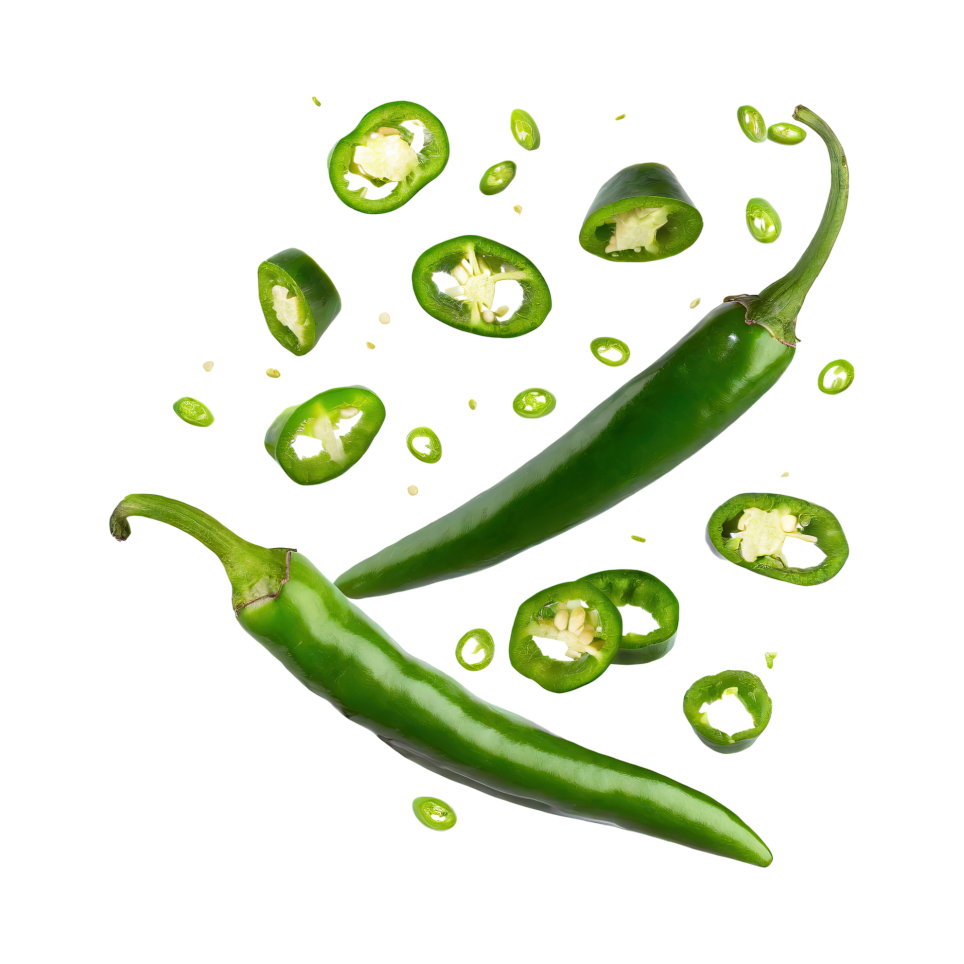 AI generated Floating Fresh Green Chilies With Sliced Green Chilies