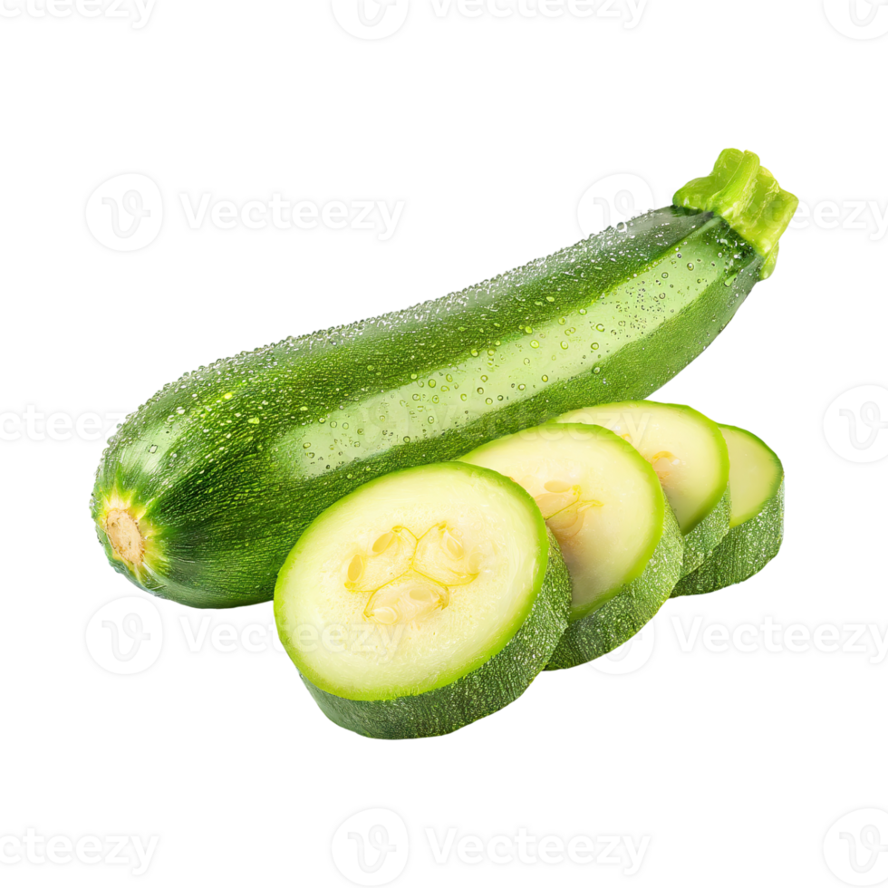 AI generated A Fresh Green Zucchini With Water Drop With Sliced Zucchini With Isolated Background png