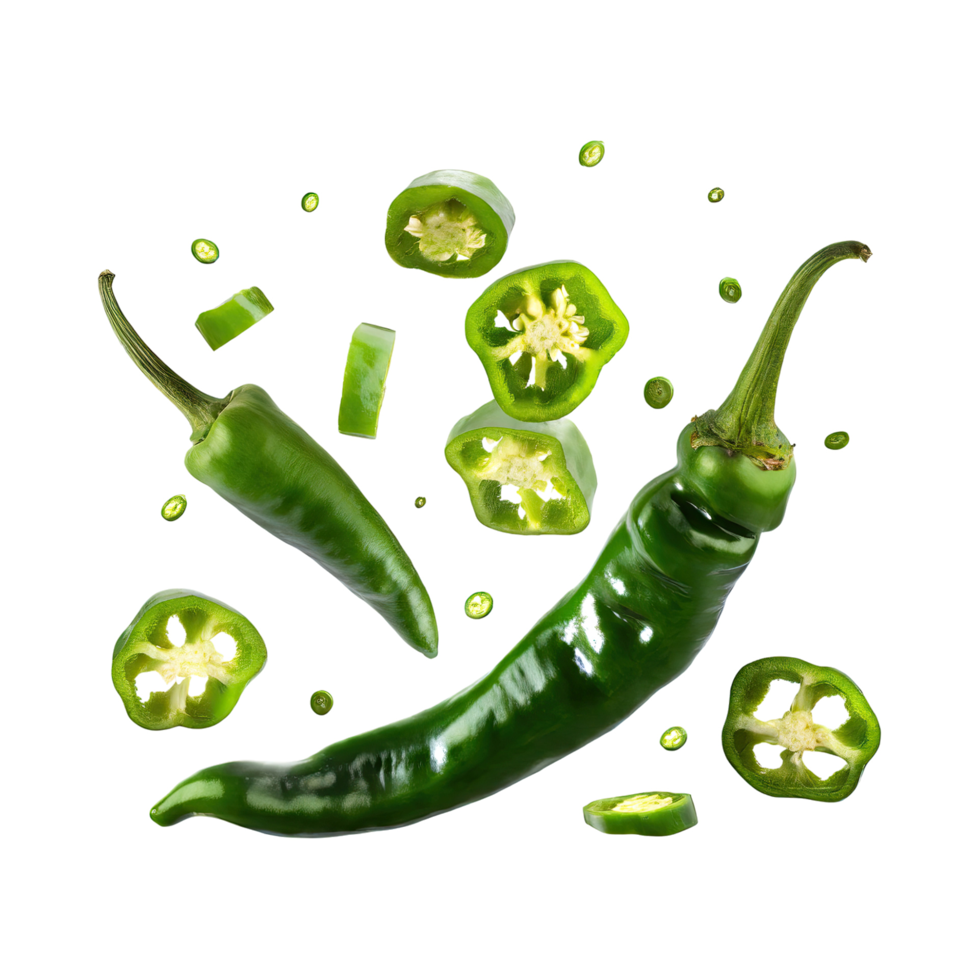 AI Generated Floating Fresh Green Chilies With Sliced Green Chilies ai-generated-floating-fresh-green-chilies-with-sliced-green-chilies