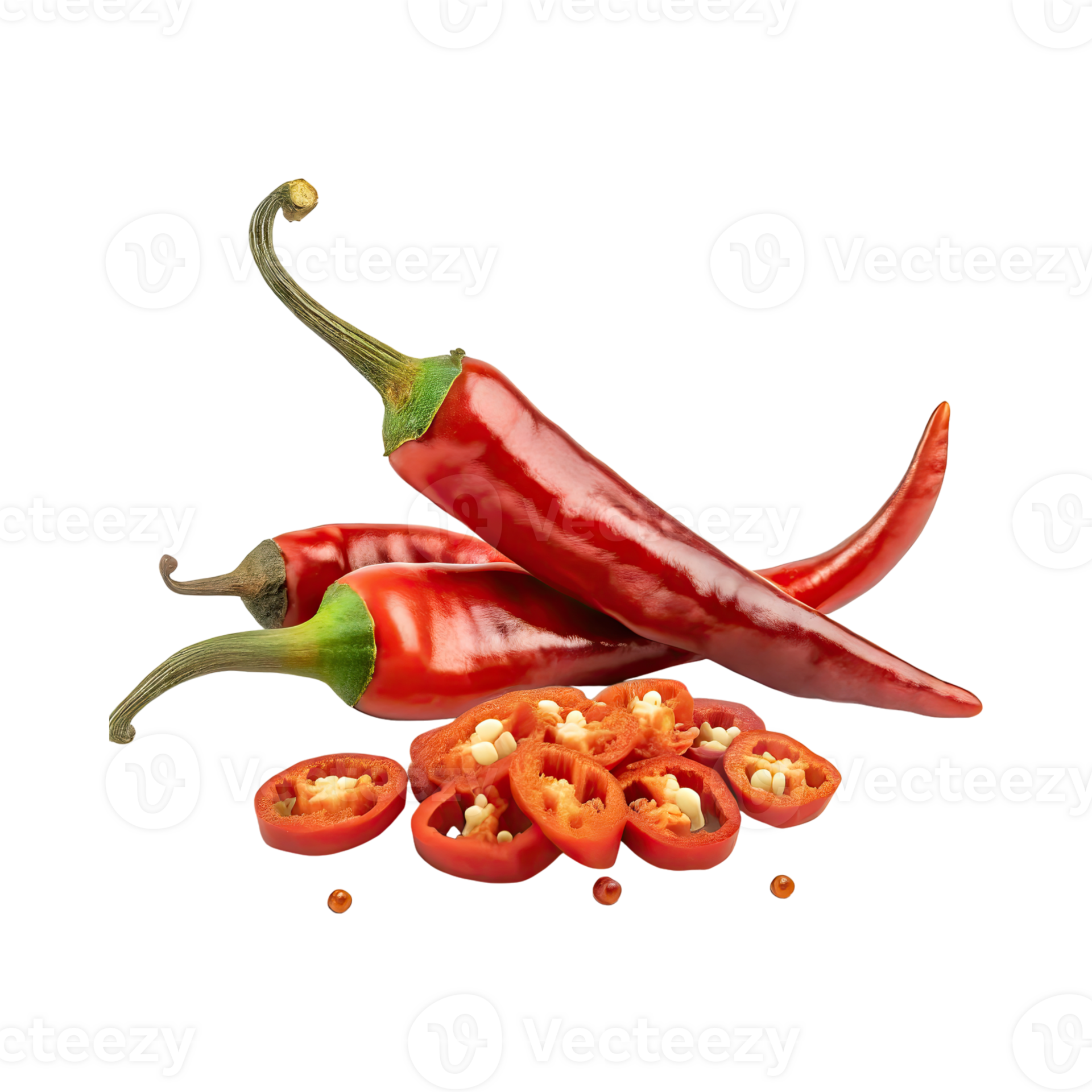 AI generated Red Chilies Pepper With A Green Stem With Sliced Red Chilies, Isolated Background