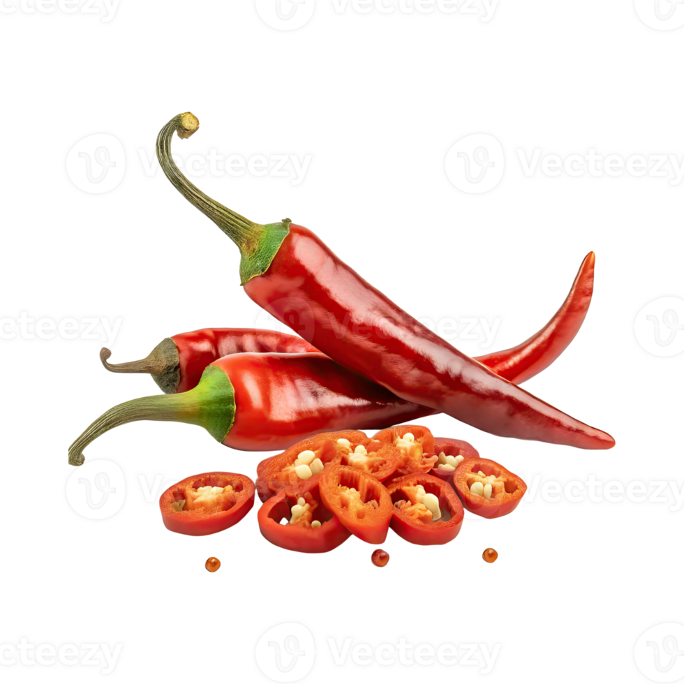 AI generated Red Chilies Pepper With A Green Stem With Sliced Red Chilies, Isolated Background png