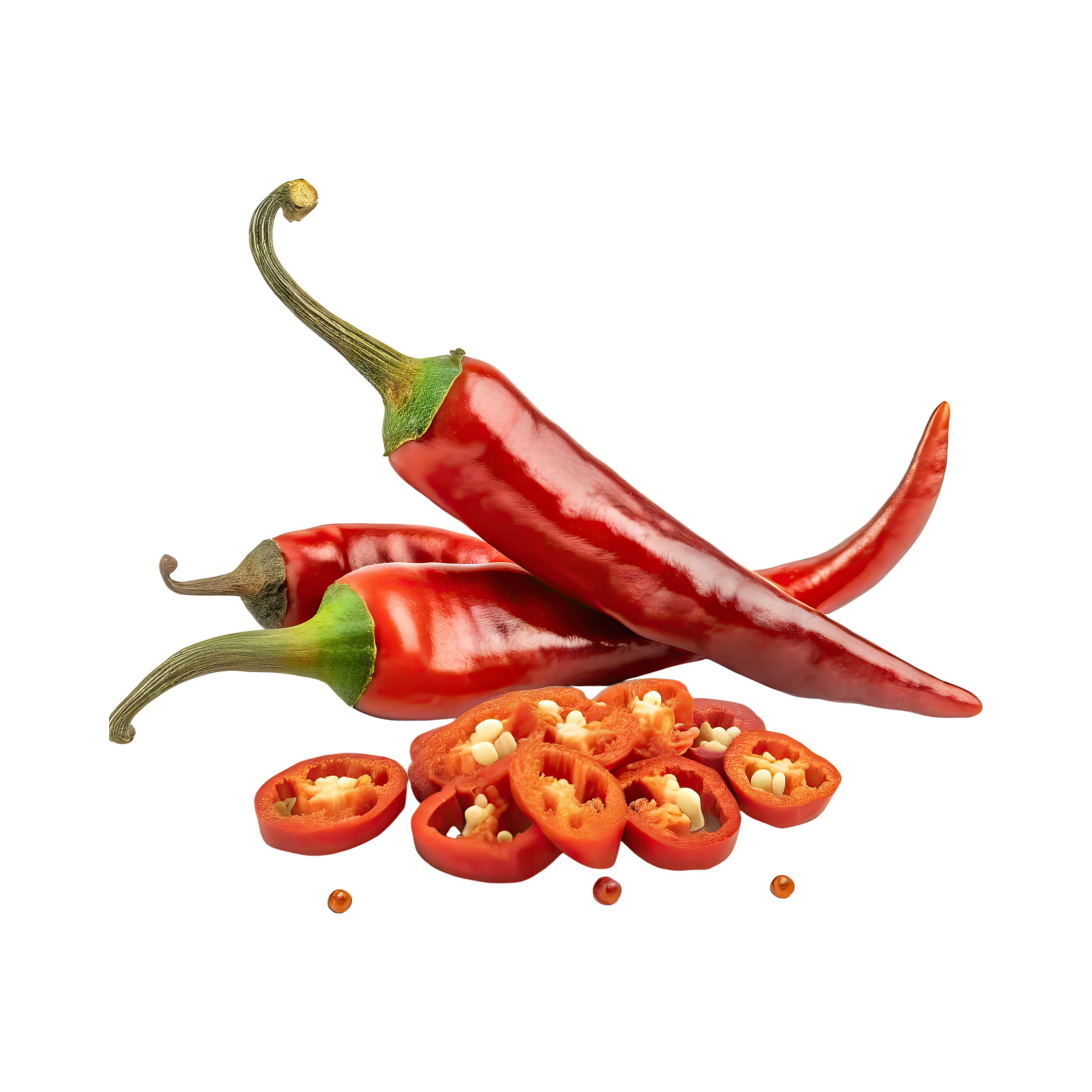 AI Generated Red Chilies Pepper With A Green Stem With Sliced Red ai-generated-red-chilies-pepper-with-a-green-stem-with-sliced-red