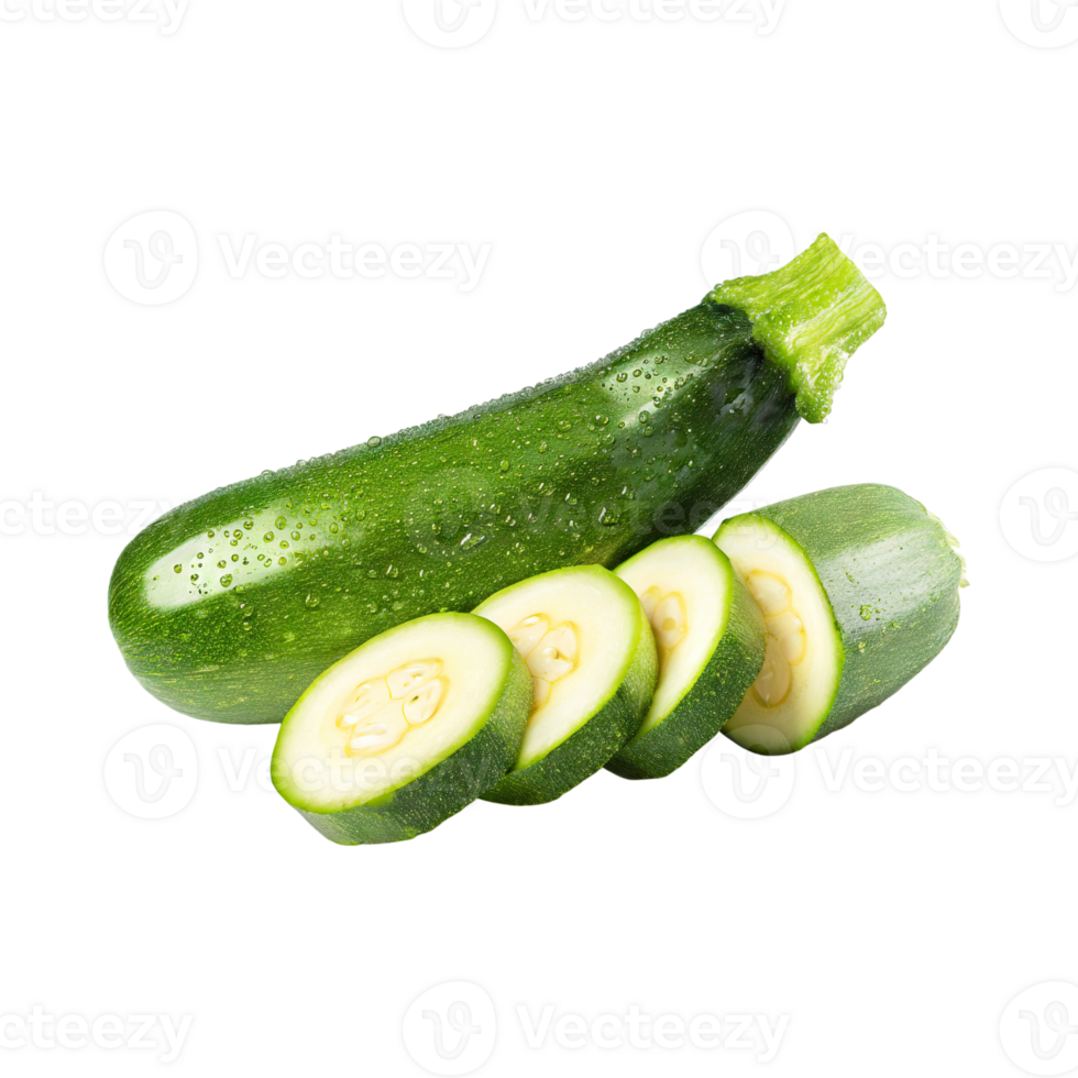 AI generated A Fresh Green Zucchini With Water Drop With Sliced Zucchini With Isolated Background png