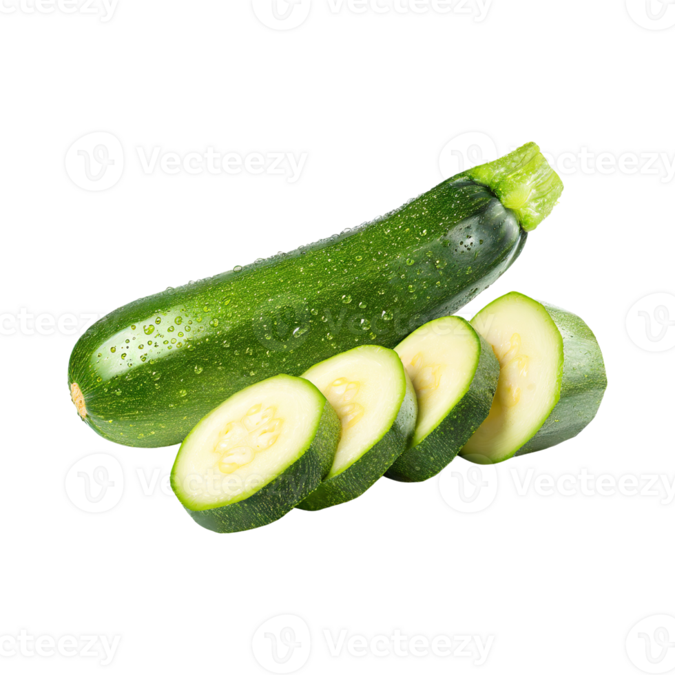 AI generated A Fresh Green Zucchini With Water Drop With Sliced Zucchini With Isolated Background png