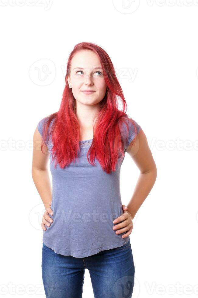 young woman looking up photo