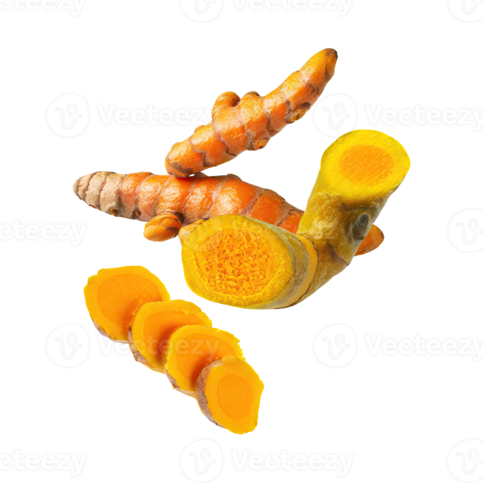 AI generated Floating Of Yellow And Orange Turmeric With Sliced, Isolated Transparent Background png