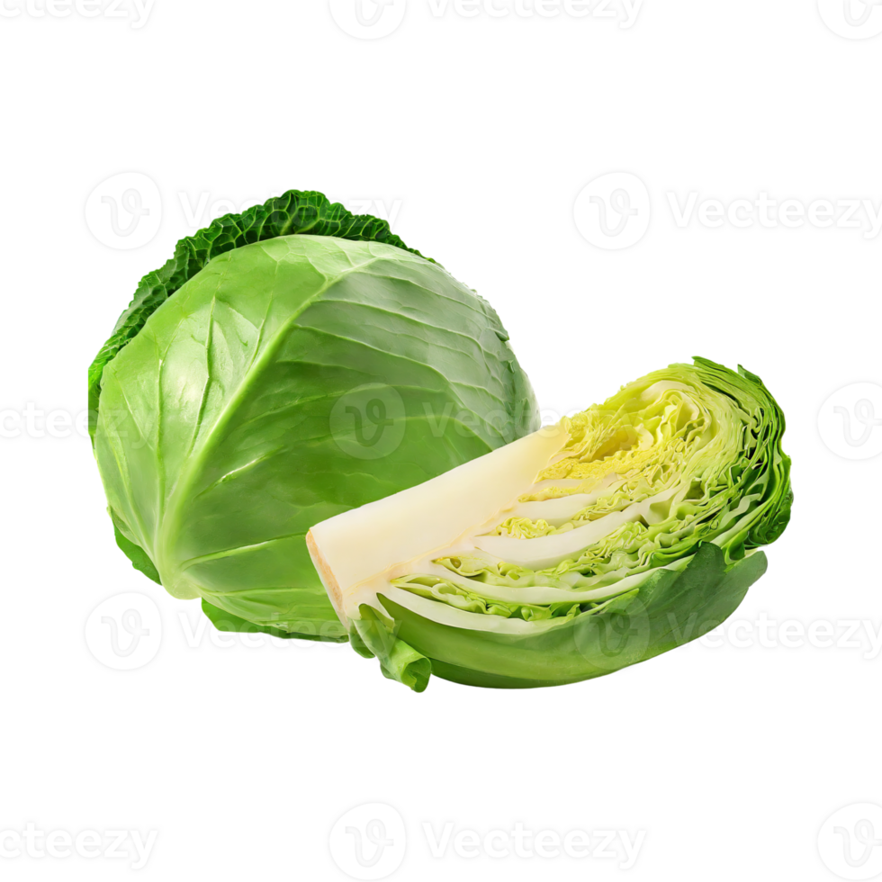 AI generated Fresh Green Cabbage And Sliced, Without Shadow, Isolated Transparent Background png