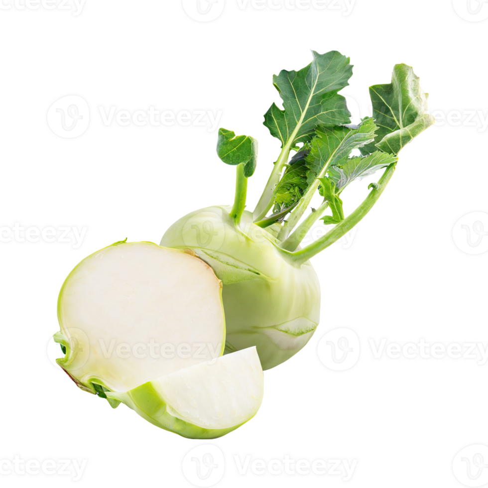 AI generated Floating Of Fresh Kohlrabi With Sliced, Without Shadow, Isolated Transparent Background png