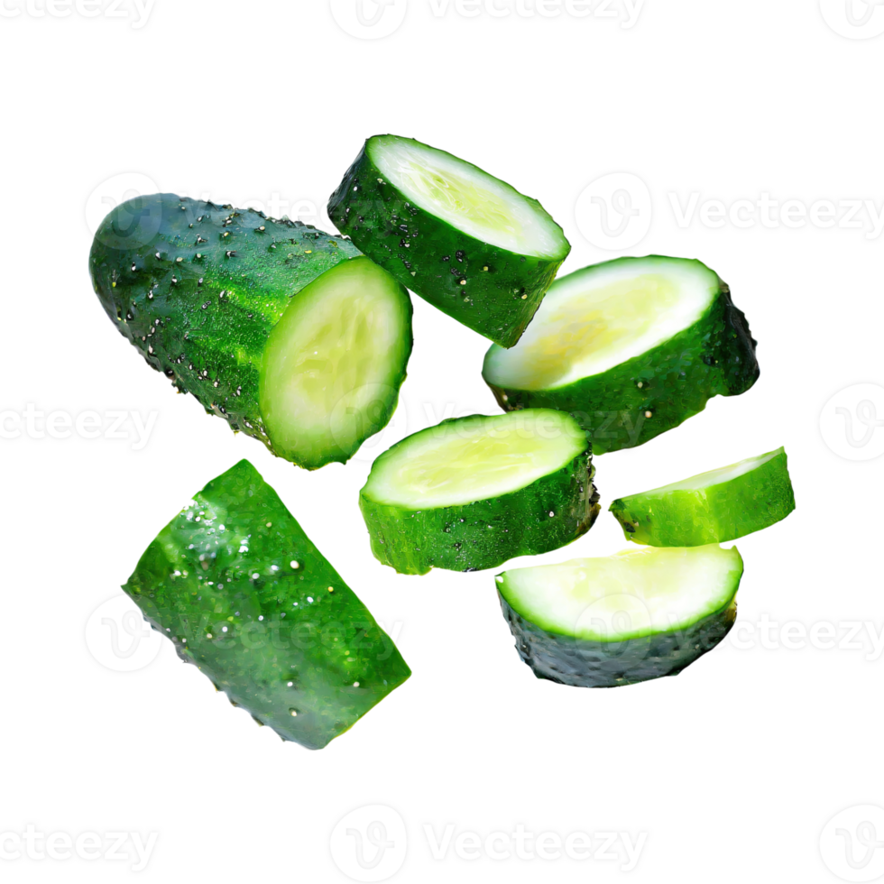 ai gegenereerd drijvend van gesneden komkommers, zonder schaduw, geïsoleerd transparant achtergrond png