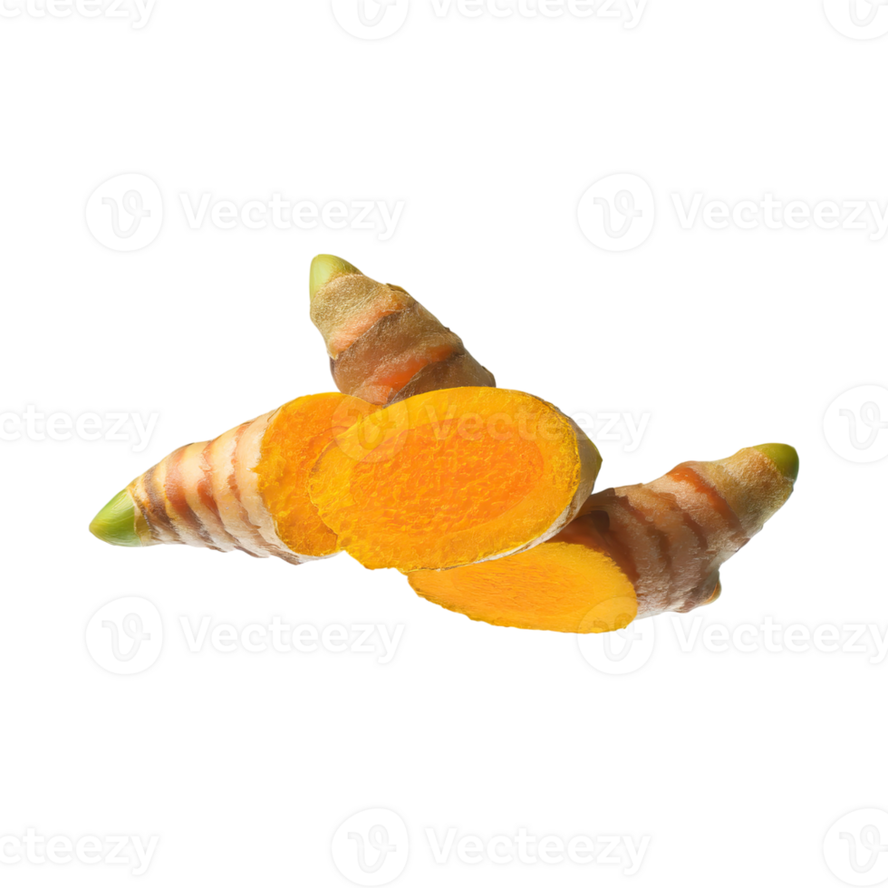 AI generated Floating Of Yellow And Orange Turmeric With Sliced, Isolated Transparent Background png