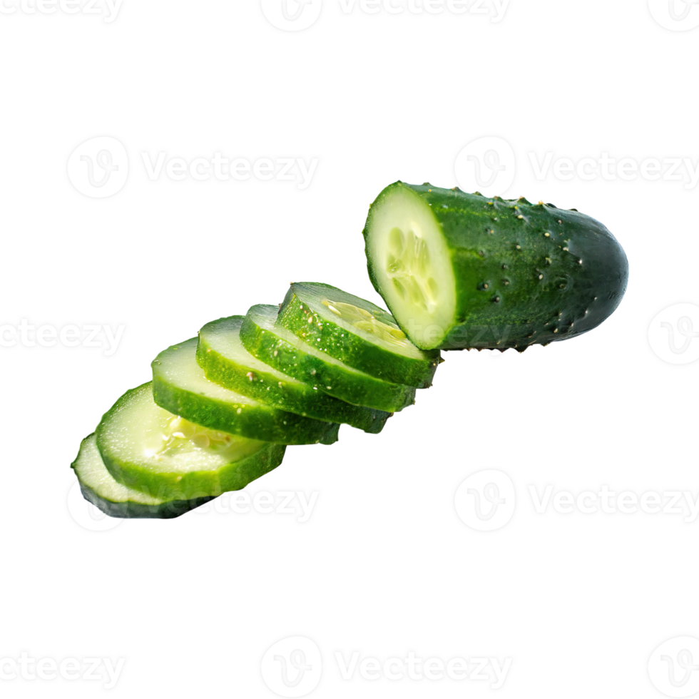 AI generated Floating Of Sliced Cucumbers, Without Shadow, Isolated Transparent Background png