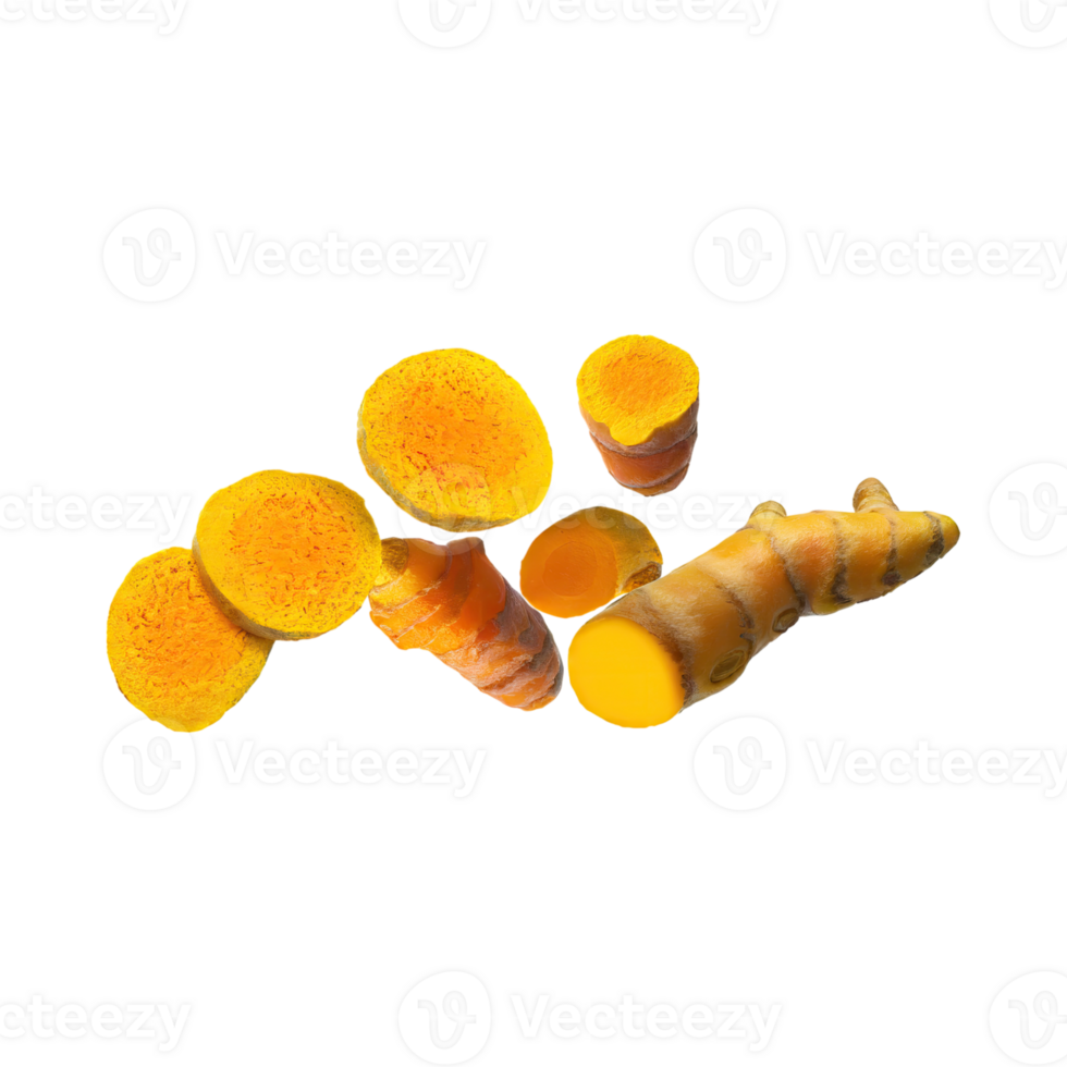 AI generated Floating Of Yellow And Orange Turmeric With Sliced, Isolated Transparent Background png