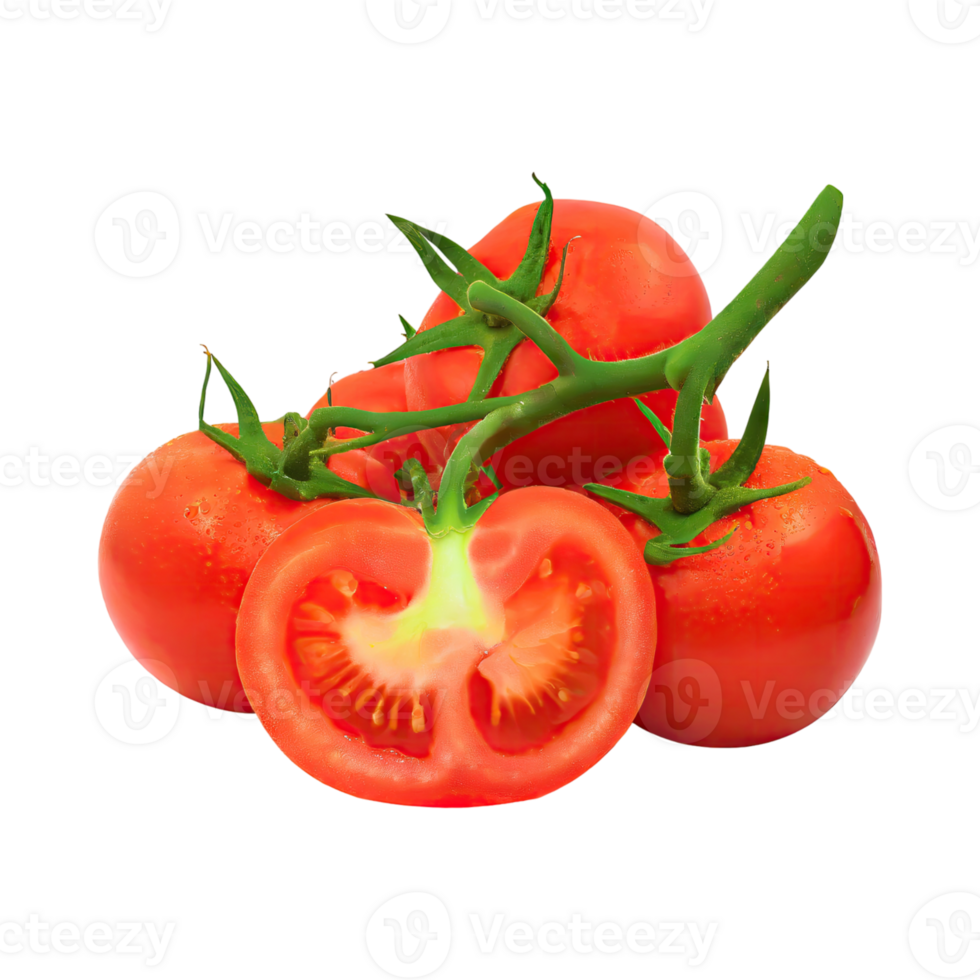 AI generated Floating Of Tomatos With A Green Stem, Isolated Transparent Background png