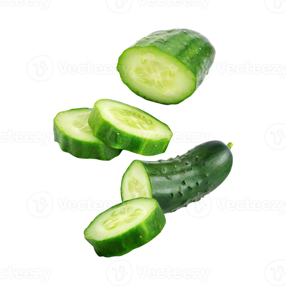 AI generated Floating Of Sliced Cucumbers, Without Shadow, Isolated Transparent Background png