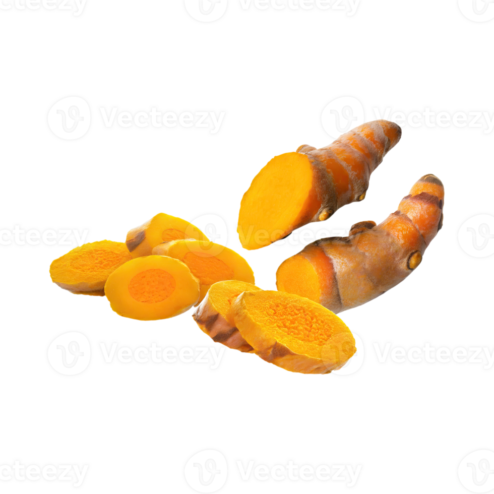 AI generated Floating Of Yellow And Orange Turmeric With Sliced, Isolated Transparent Background png